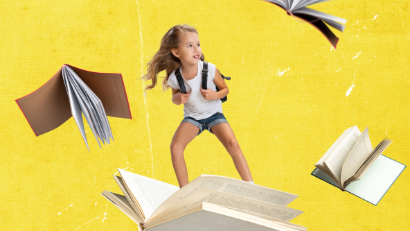 Girl flying, surfing on open book over yellow background in preparation for school