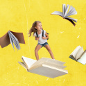 Girl flying, surfing on open book over yellow background in preparation for school