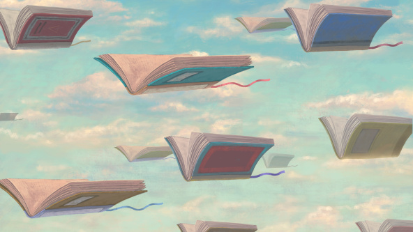 A dream-like illustration showing books flying through a cloud-dappled blue sky