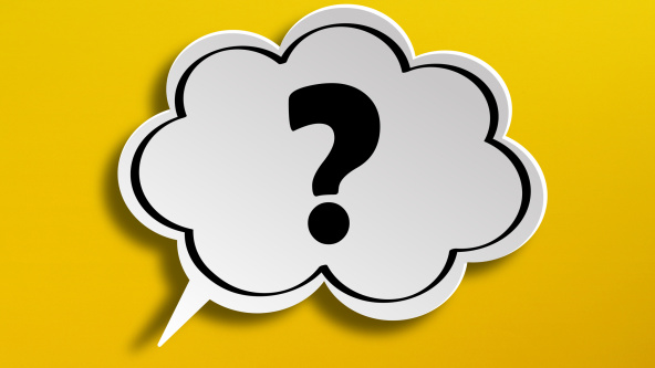 Question mark in a speech bubble on a yellow background