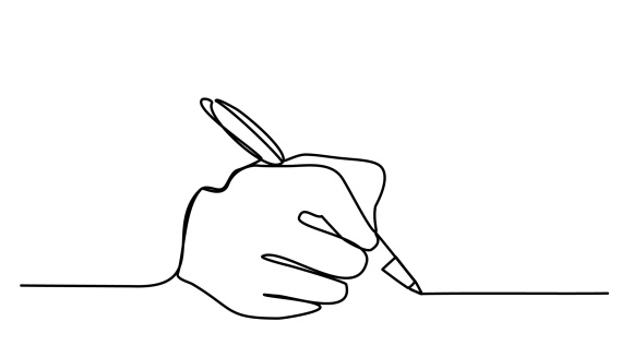 A continuous line drawing of a hand holding a pen