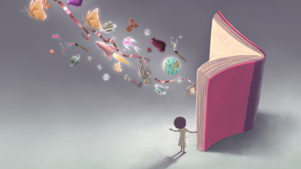 A child opening a book with items flying out of them