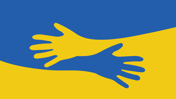 Hand hugs with Ukrainian Flag Support Ukraine