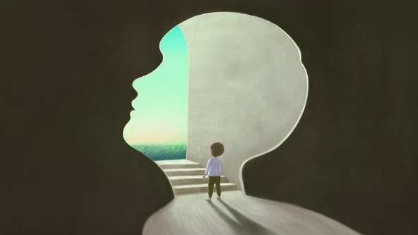 Illustration showing a small boy looking into the distance through a head-shaped aperture