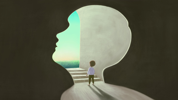 Illustration showing a small boy looking into the distance through a head-shaped aperture