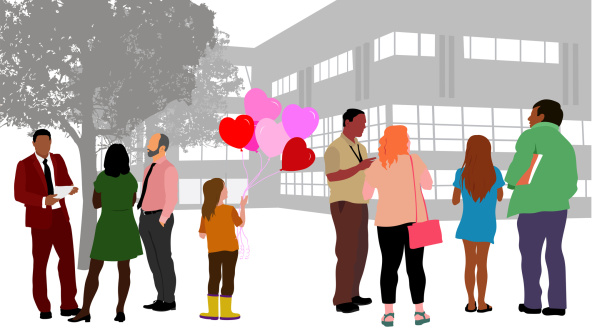 A school with teachers and parents and a child holding heart balloons