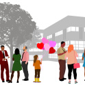 A school with teachers and parents and a child holding heart balloons