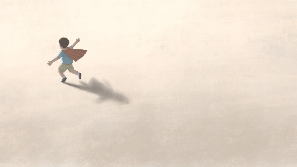 A dreamy watercolour of a boy with a cape