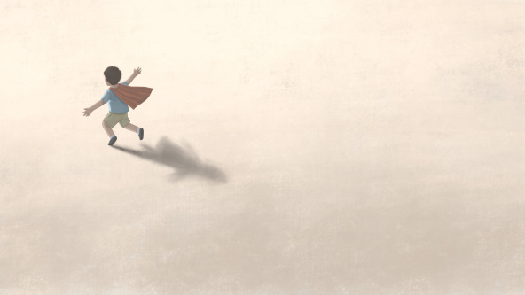 A dreamy watercolour of a boy with a cape