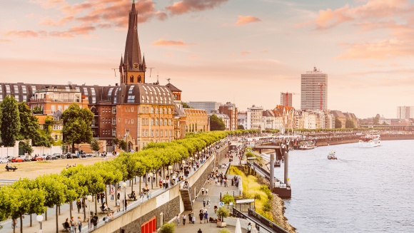 Sunset view of Dusseldorf city old town or Altstadt.