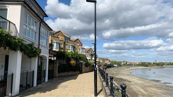 The view along the river and Chiswick Mall from Corney Reach