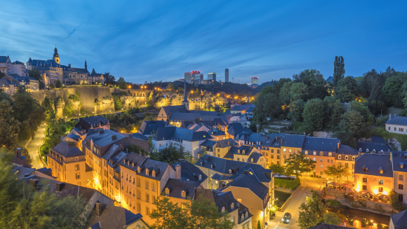 Grand Duchy of Luxembourg, night city skyline at Grund along Alzette river in the historical old town of Luxembourg