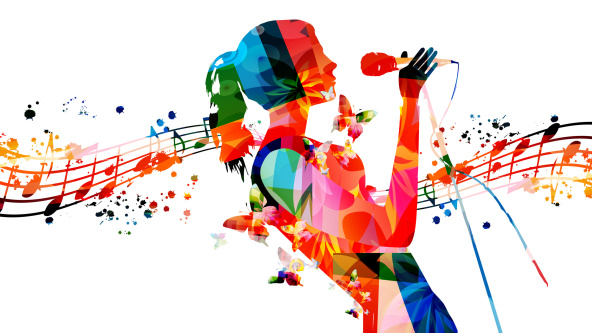 An abstract colourful illustration of a girl singing into a microphone
