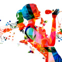 An abstract colourful illustration of a girl singing into a microphone