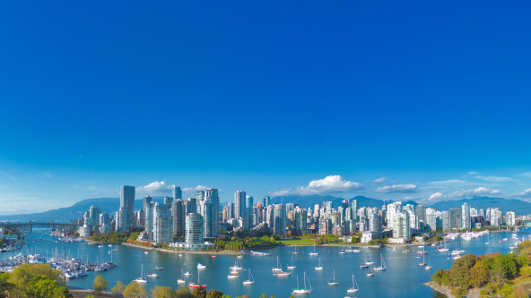 A beautiful shot of the Vancouver skyline on a sunny day in British Columbia, Canada