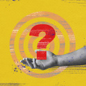 A red question make being held by a black and white hand on a yellow background with a target