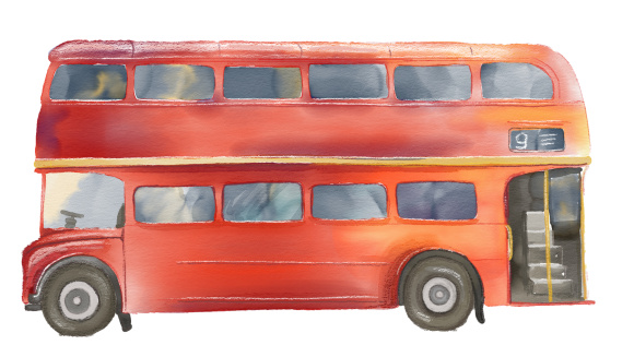 A watercolour painting of a red London double decker bus