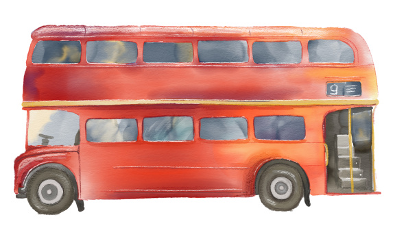 A watercolour painting of a red London double decker bus