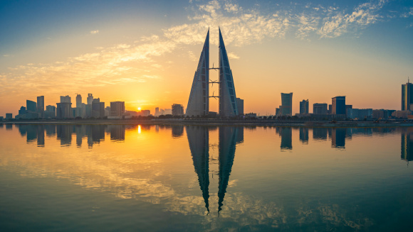 Beautiful panoramic sunrise view of the Bahrain World Trade Centre