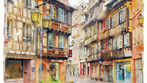 Water painting of Narrow street with colourful medieval buildings in Colmar, Alsace, France.