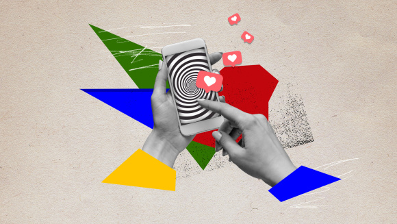 A halftone collage illustration depicting hands tapping on a smart phone screen which is showing a swirling hypnotic pattern.