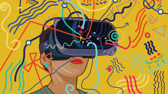 A child learning via a VR headset