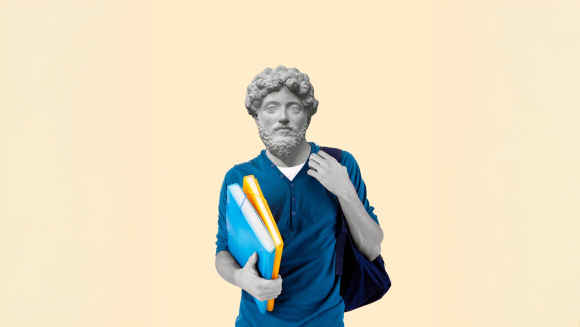 A classic statue dressed in American college kid clothing