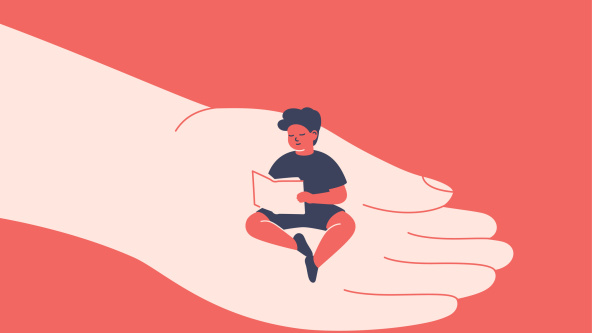 Human hand holds small boy with care and love. Male child sits on a big palm and reads the book