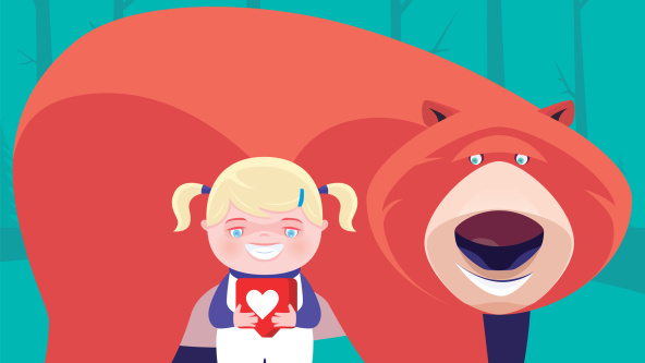 An illustration of a girl holding a heart next to a bear