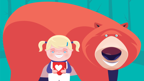 An illustration of a girl holding a heart next to a bear
