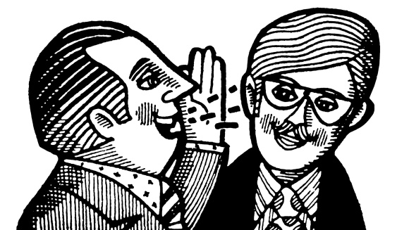 A black and white line drawing, like a wood engraving, showing two smartly dressed men whispering to eachother Credit: CSA Images