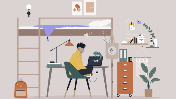 A teenager in a dorm room at a state boarding school