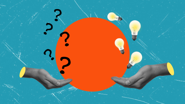 Two hands on a blue background, one with question marks and the other with lightbulbs