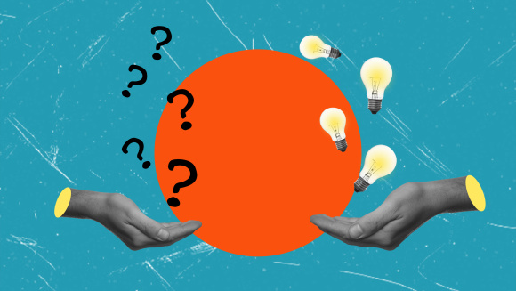 Two hands on a blue background, one with question marks and the other with lightbulbs