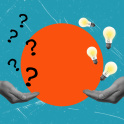 Two hands on a blue background, one with question marks and the other with lightbulbs