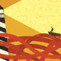 A graphic illustration showing a lighthouse providing guidance to a boat in on a troubled sea. Credit: retrorocket