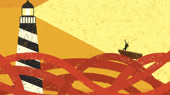 A graphic illustration showing a lighthouse providing guidance to a boat in on a troubled sea. Credit: retrorocket