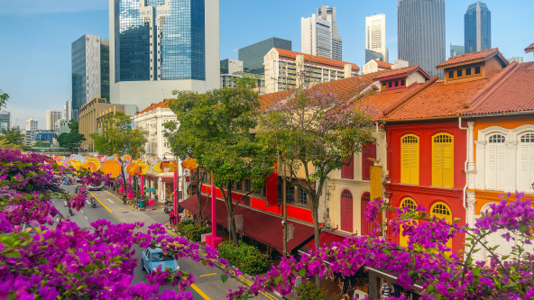 Downtown city skyline, cityscape of Chinatown Singapore