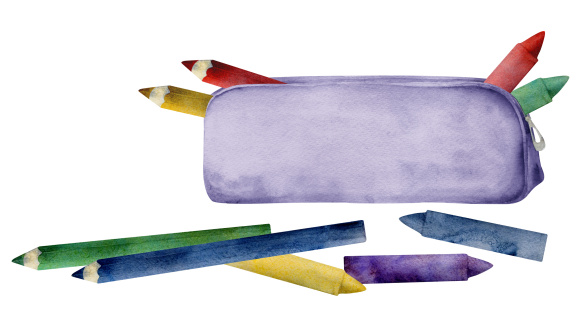 A purple pencil case with coloured pencils and crayonsns