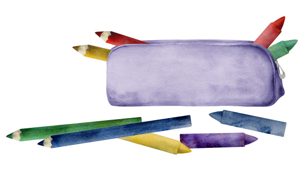 A purple pencil case with coloured pencils and crayonsns