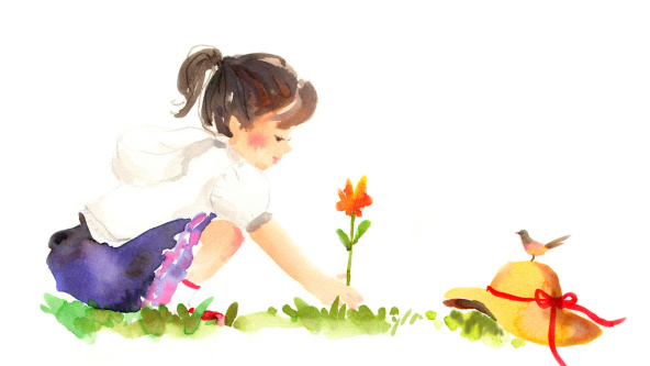 A watercolour illustration of a girl tending to a flower