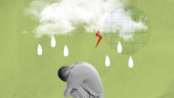 A collage showing a boy curled up into a ball with storm clouds hovering overhead.