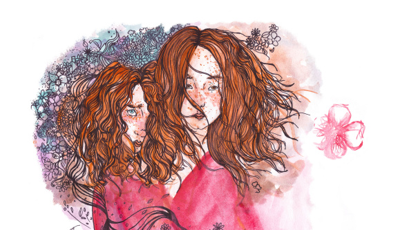 Illustration of two red-haired girls by hand in watercolor
