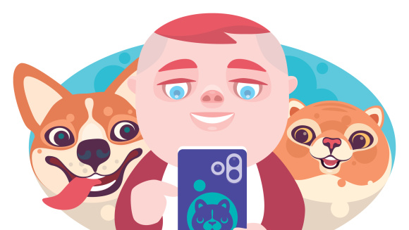 Little boy using smartphone with dog and cat