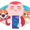 Little boy using smartphone with dog and cat