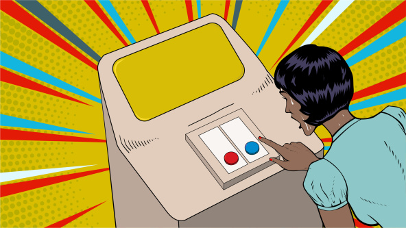 A woman trying to choose between the red button or blue button