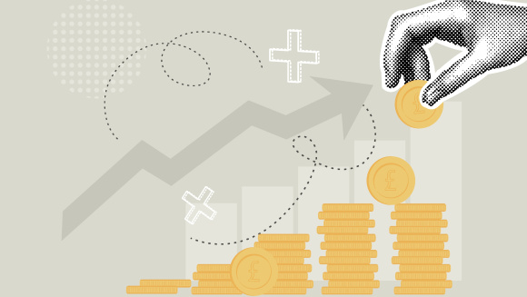 Illustration showing a hand placing coins in stacks with arrow in the background indicating growing investments