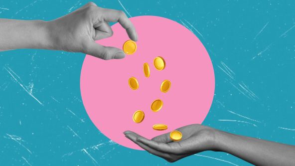 Two hands with one giving another one gold coins