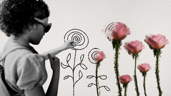 An illustration of a girl drawing flowers that turn into roses