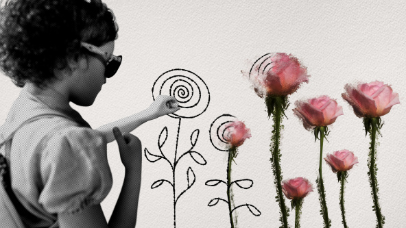 An illustration of a girl drawing flowers that turn into roses
